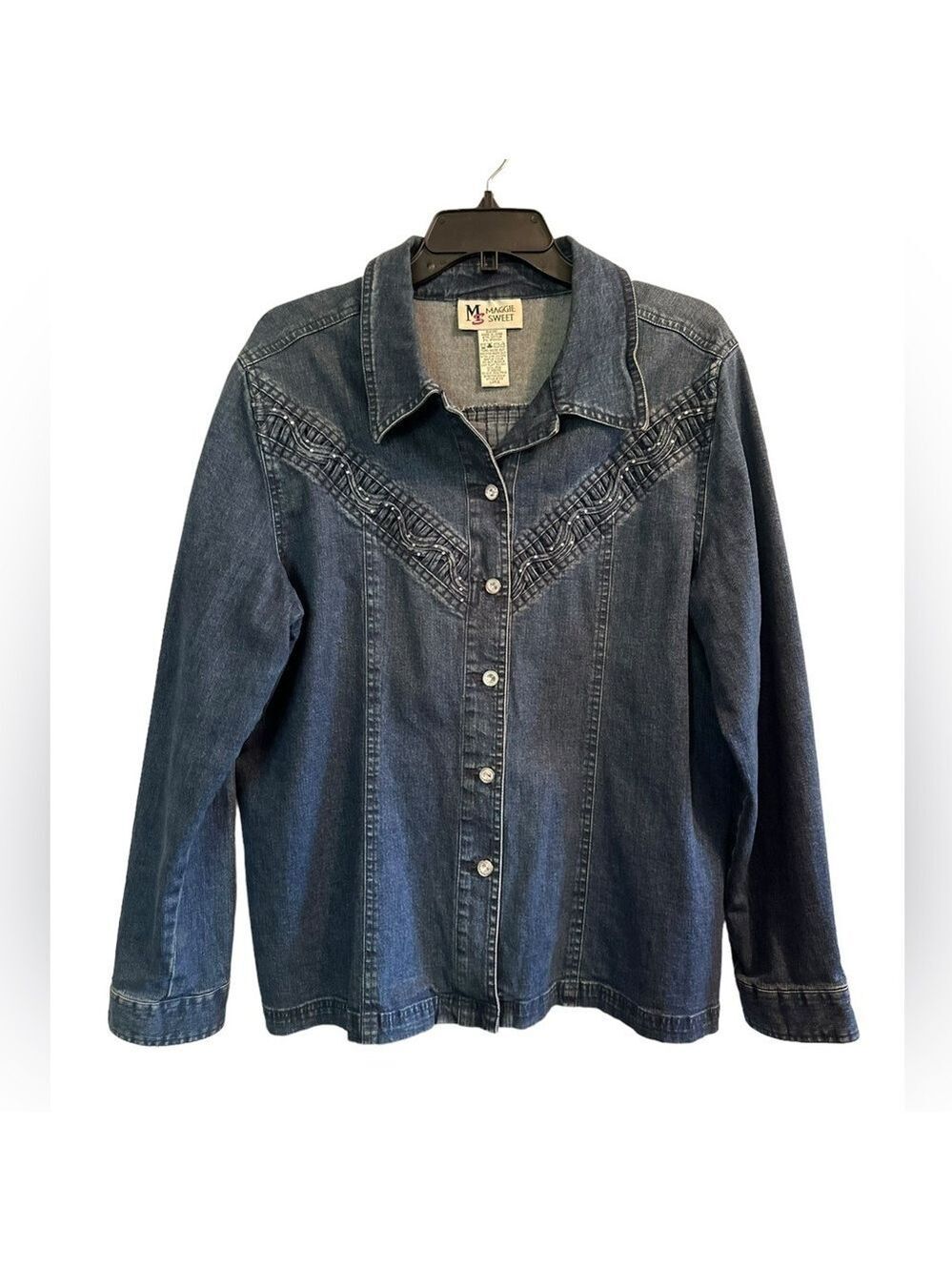 Maggie Sweet Stretch Blue Denim Sparkle Shirt Jacket Bling Buttons Womens Large
